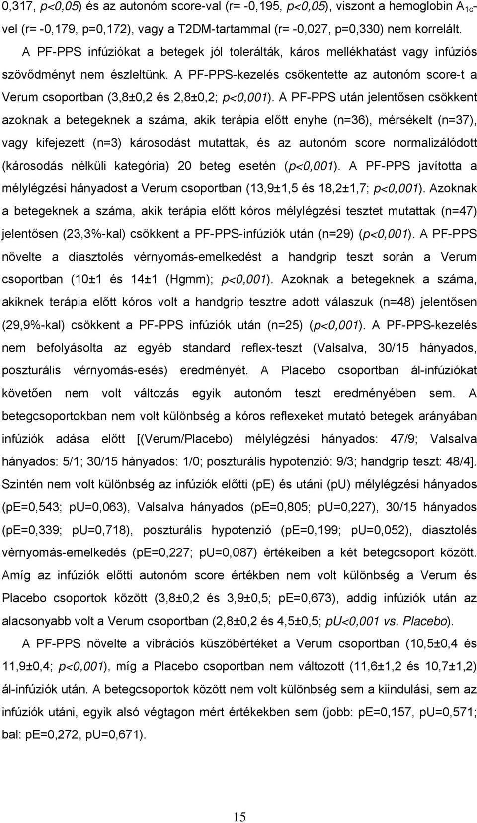 A PF-PPS-kezelés csökentette az autonóm score-t a Verum csoportban (3,8±0,2 és 2,8±0,2; p<0,001).