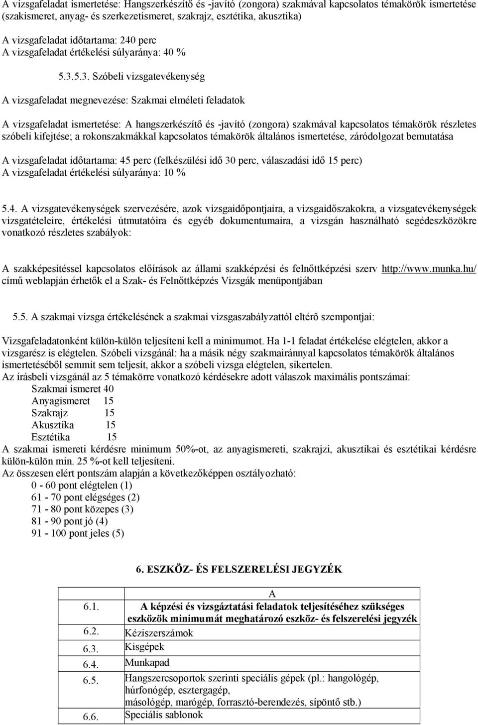 5.3. Szóbeli vizsgatevékenység vizsgafeladat ismertetése: hangszerkészítő és -javító (zongora) szakmával kapcsolatos témakörök részletes szóbeli kifejtése; a rokonszakmákkal kapcsolatos témakörök