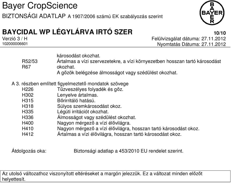 H318 Súlyos szemkárosodást okoz. H335 Légúti irritációt okozhat. H336 Álmosságot vagy szédülést okozhat. H400 Nagyon mérgező a vízi élővilágra.