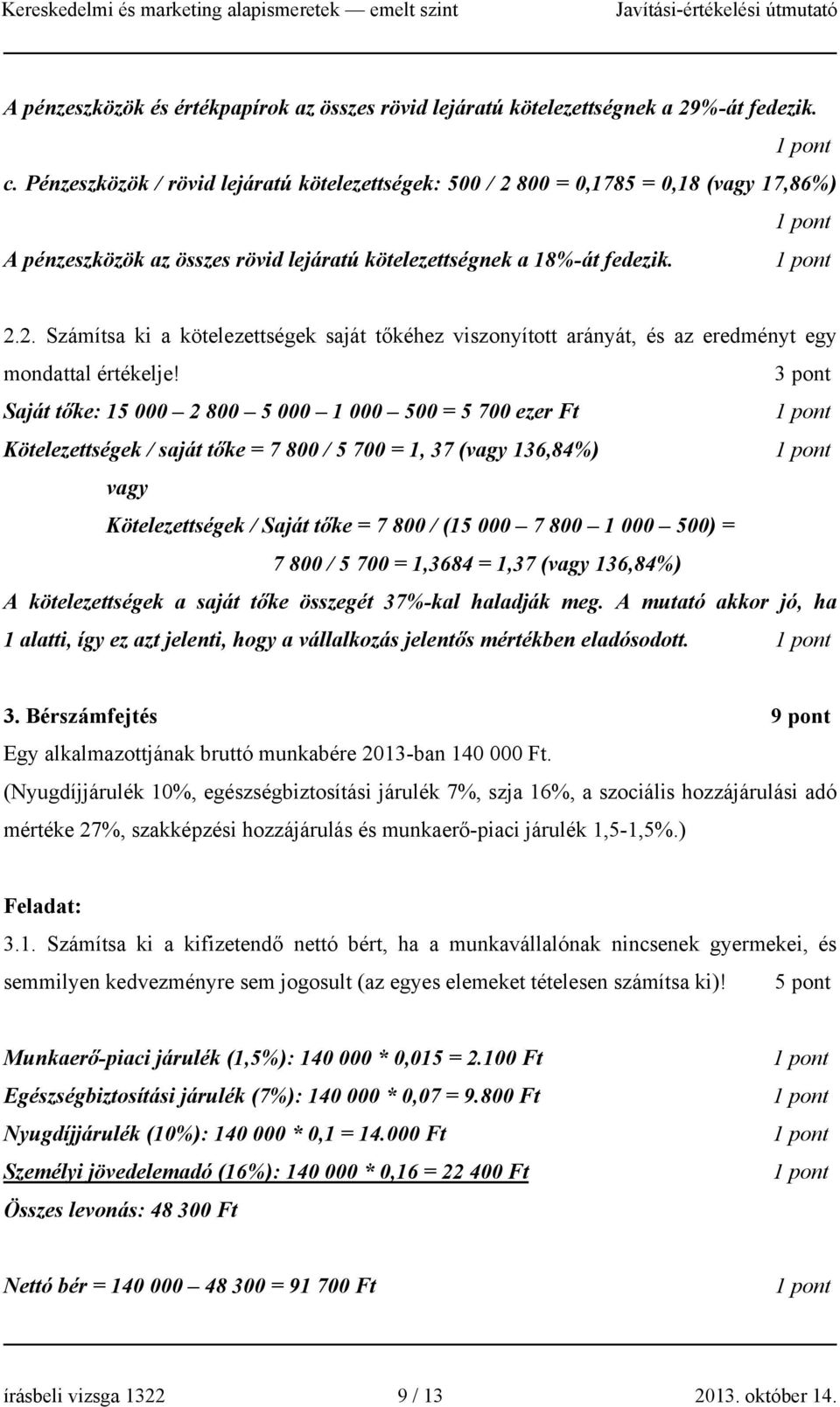 3 pont Saját tőke: 15 000 2 800 5 000 1 000 500 = 5 700 ezer Ft Kötelezettségek / saját tőke = 7 800 / 5 700 = 1, 37 (vagy 136,84%) vagy Kötelezettségek / Saját tőke = 7 800 / (15 000 7 800 1 000
