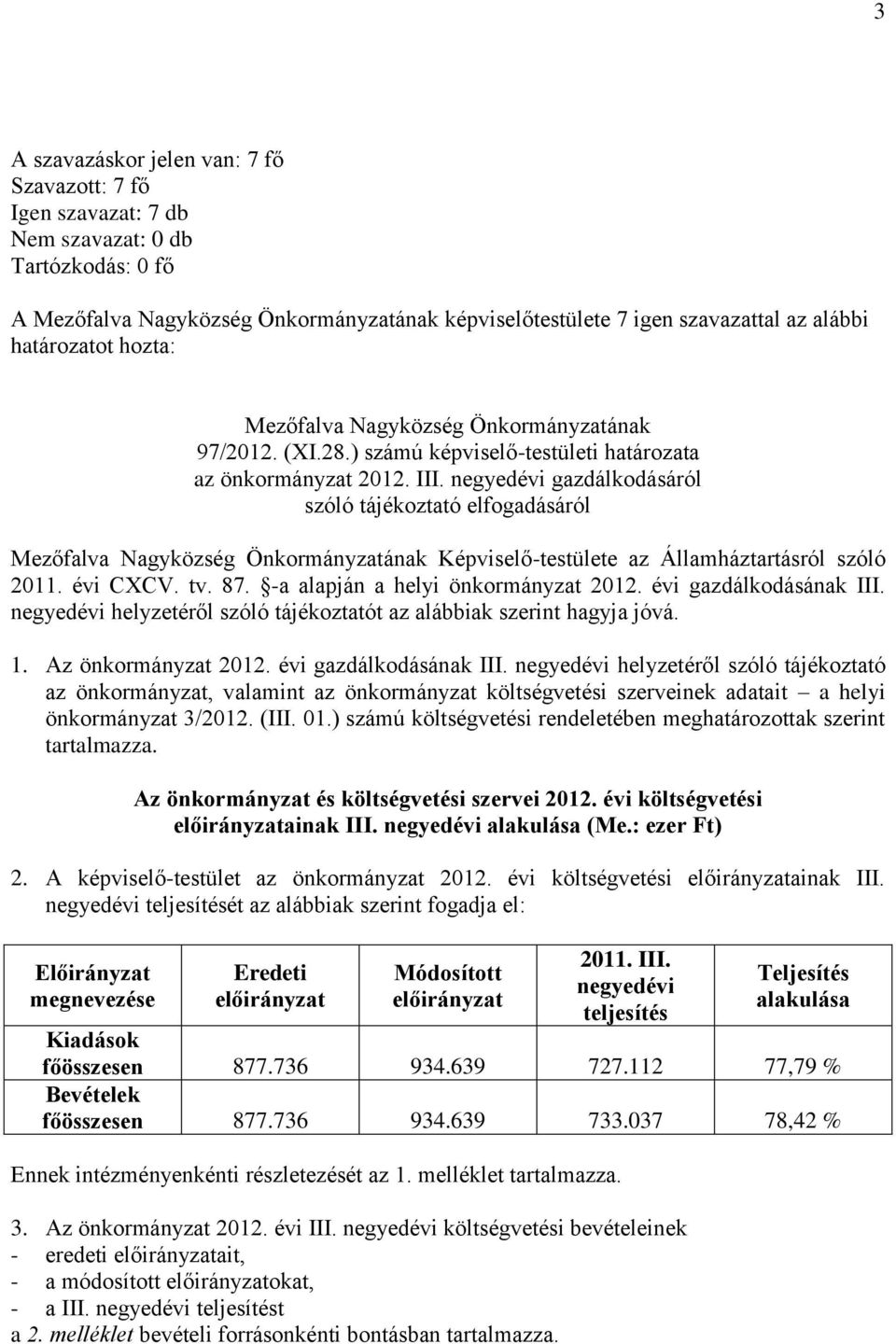 -a alapján a helyi önkormányzat 2012. évi gazdálkodásának III.