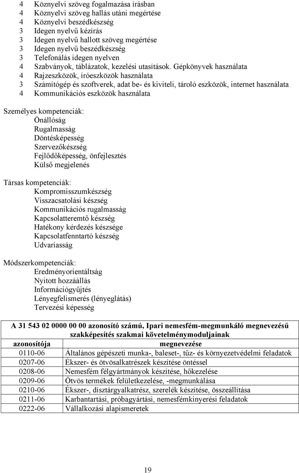 Gépkönyvek használata 4 Rajzeszközök, íróeszközök használata 3 Számítógép és szoftverek, adat be- és kiviteli, tároló eszközök, internet használata 4 Kommunikációs eszközök használata Személyes