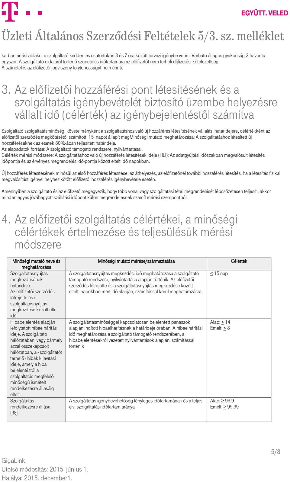 Az előfizetői hozzáférési pont létesítésének és a szolgáltatás igénybevételét biztosító üzembe helyezésre vállalt idő (célérték) az igénybejelentéstől számítva Szolgáltató szolgáltatásminőségi
