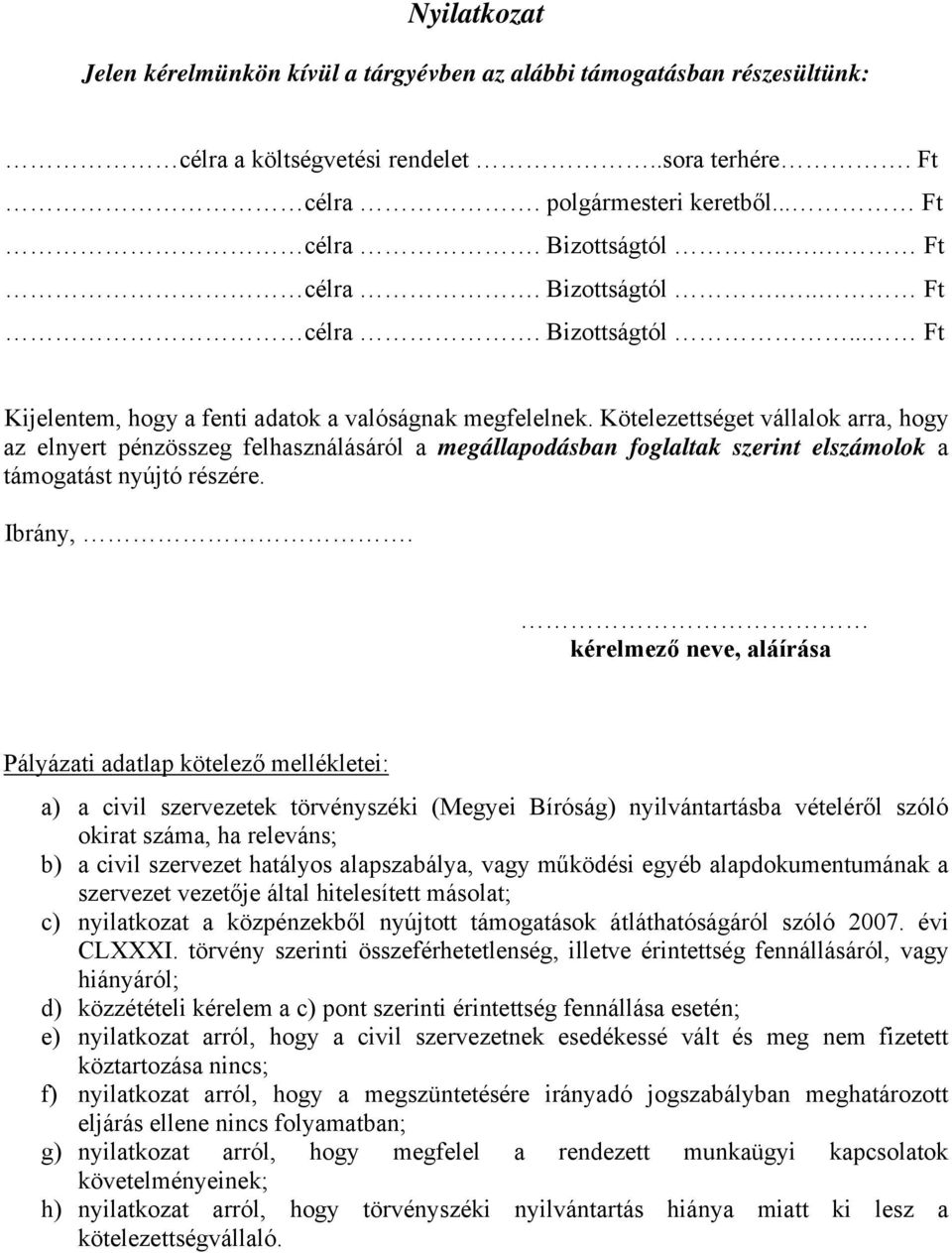 Kötelezettséget vállalok arra, hogy az elnyert pénzösszeg felhasználásáról a megállapodásban foglaltak szerint elszámolok a támogatást nyújtó részére. Ibrány,.