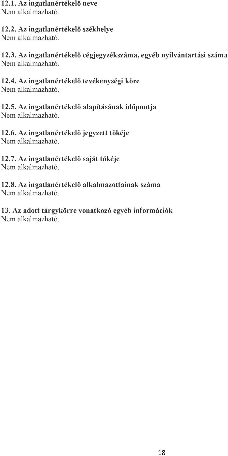 Az ingatlanértékelő tevékenységi köre 12.5. Az ingatlanértékelő alapításának időpontja 12.6.