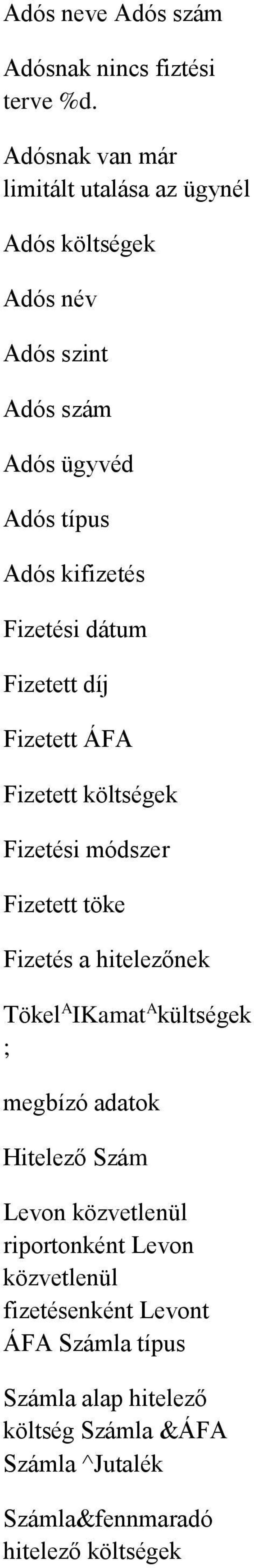 Fizetési dátum Fizetett díj Fizetett ÁFA Fizetett költségek Fizetési módszer Fizetett töke Fizetés a hitelezőnek Tökel A IKamat A