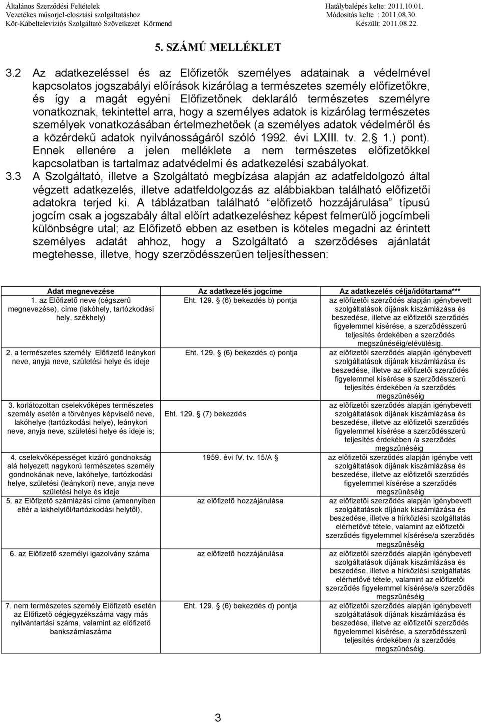 nyilvánosságáról szóló 1992. évi LXIII. tv. 2. 1.) pont). Ennek ellenére a jelen melléklete a nem természetes előfizetőkkel kapcsolatban is tartalmaz adatvédelmi és adatkezelési szabályokat. 3.