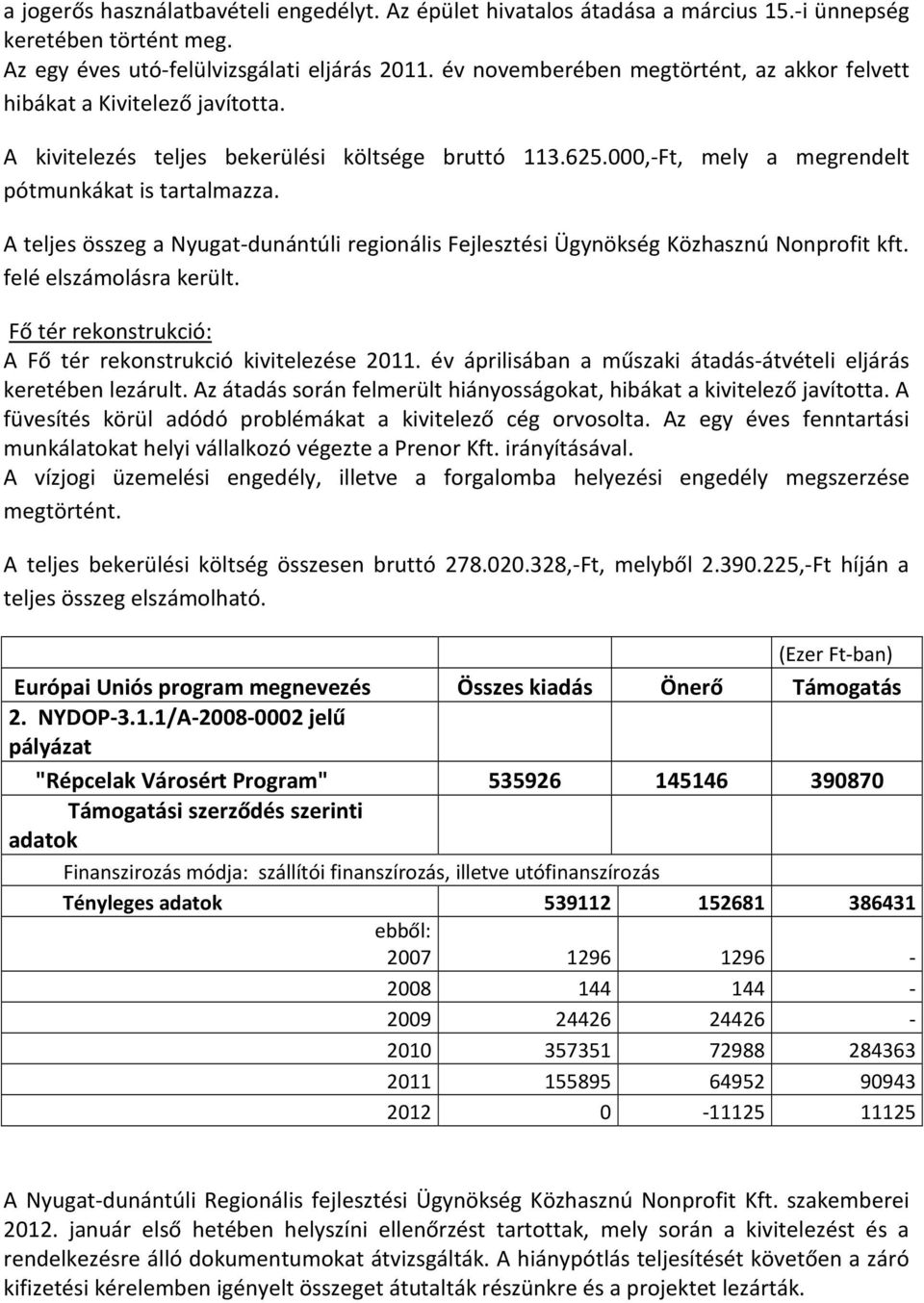 A teljes összeg a Nyugat-dunántúli regionális Fejlesztési Ügynökség Közhasznú Nonprofit kft. felé elszámolásra került. Fő tér rekonstrukció: A Fő tér rekonstrukció kivitelezése 2011.