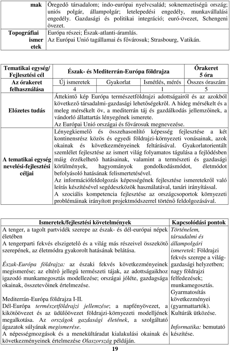 Tematikai egység/ Az órakeret felhasználása Előzetes tudás A tematikai egység nevelési-fejlesztési céljai Észak- és Mediterrán-Európa földrajza 5 óra Új ismeretek Gyakorlat Ismétlés, mérés Összes