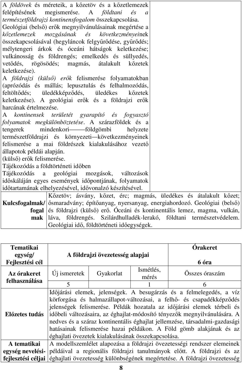 keletkezése; vulkánosság és földrengés; emelkedés és süllyedés, vetődés, rögösödés; magmás, átalakult kőzetek keletkezése).