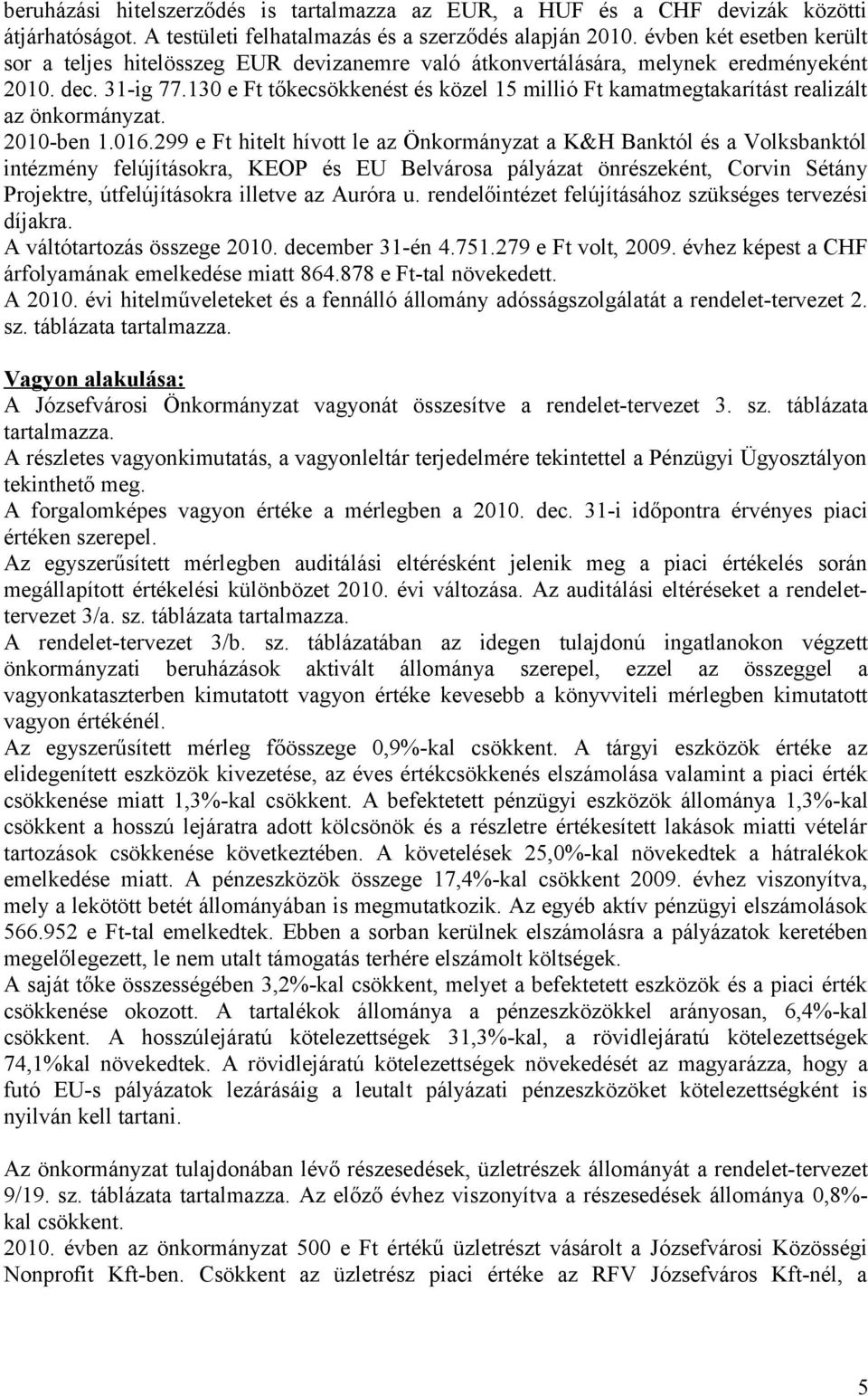 130 e Ft tőkecsökkenést és közel 15 millió Ft kamatmegtakarítást realizált az önkormányzat. 2010-ben 1.016.