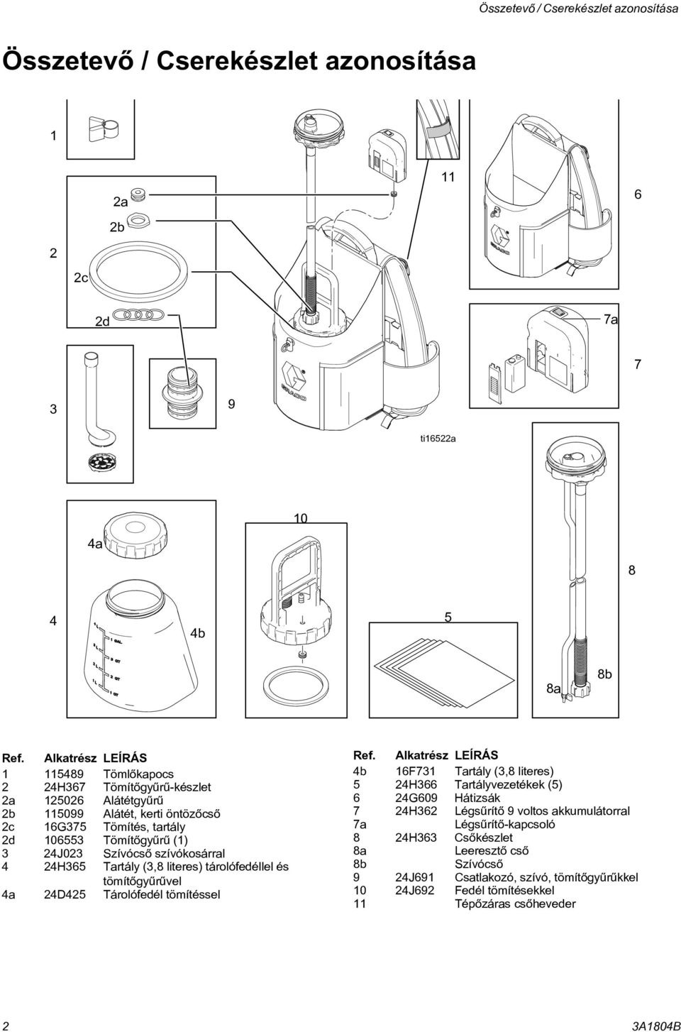Szívócsõ szívókosárral 4 24H365 Tartály (3,8 literes) tárolófedéllel és tömítõgyûrûvel 4a 24D425 Tárolófedél tömítéssel Ref.