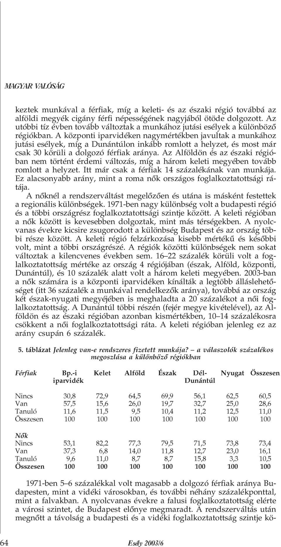 A központi iparvidéken nagymértékben javultak a munkához jutási esélyek, míg a Dunántúlon inkább romlott a helyzet, és most már csak 30 körüli a dolgozó férfiak aránya.