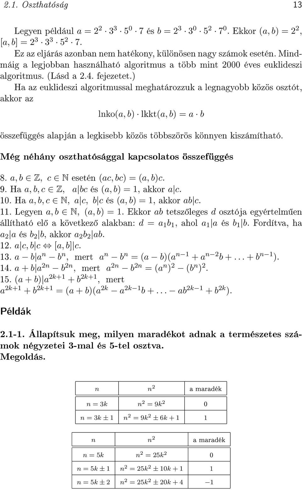 ) Ha az euklideszi algoritmussal meghatározzuk a legnagyobb közös osztót, akkor az lnko(a, b) lkkt(a, b) = a b összefüggés alapján a legkisebb közös többszörös könnyen kiszámítható.