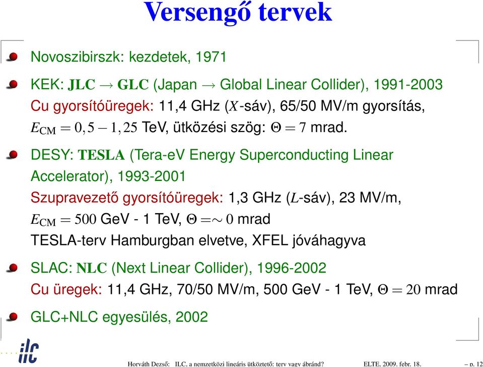 gyorsítás, E CM = 0,5 1,25 TeV, ütközési szög: Θ = 7 mrad.