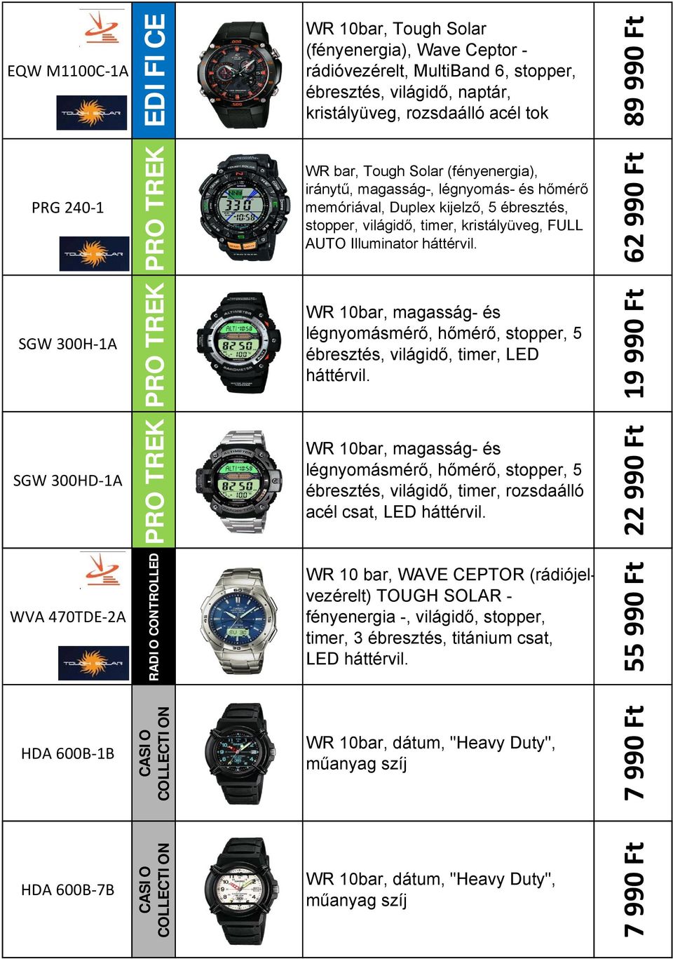 62 990 SGW 300H 1A PRO TREK WR 10bar, magasság- és légnyomásmérő, hőmérő, stopper, 5 ébresztés, világidő, timer, LED háttérvil.