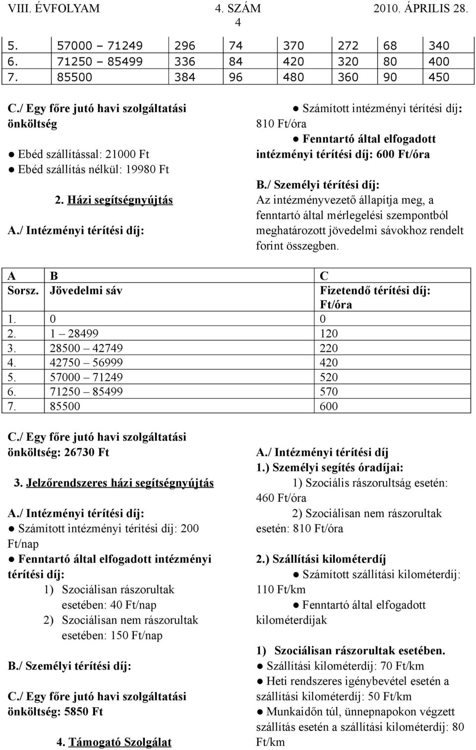 / Intézményi térítési díj: Számított intézményi térítési díj: 810 Ft/óra Fenntartó által elfogadott intézményi térítési díj: 600 Ft/óra B.