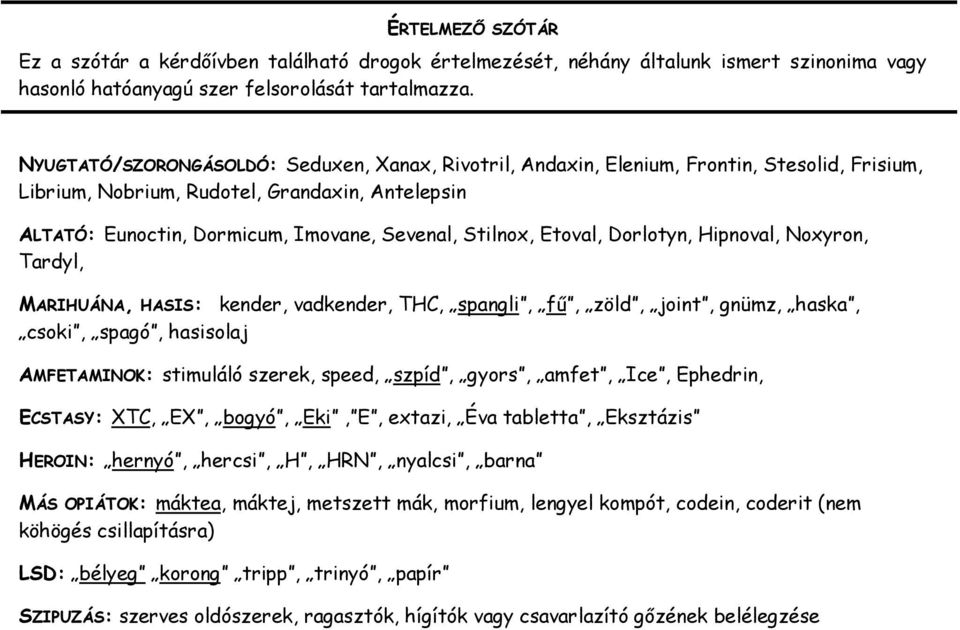 Etoval, Dorlotyn, Hipnoval, Noxyron, Tardyl, MARIHUÁNA, HASIS: kender, vadkender, THC, spangli, fű, zöld, joint, gnümz, haska, csoki, spagó, hasisolaj AMFETAMINOK: stimuláló szerek, speed, szpíd,