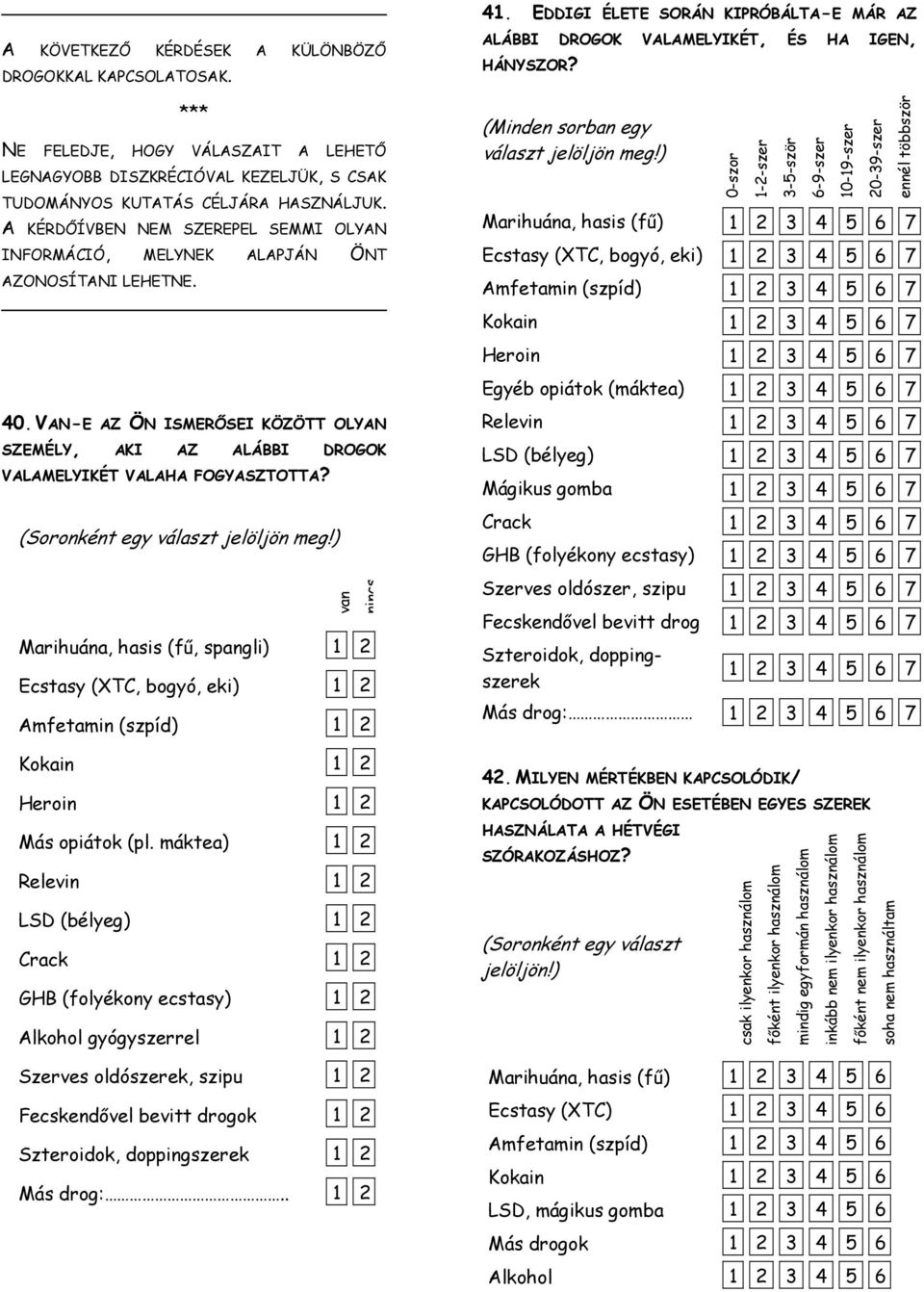 Marihuána, hasis (fű) 6 7 Ecstasy (XTC, bogyó, eki) 6 7 Amfetamin (szpíd) 6 7 0-szor 1-2-szer 3-5-ször 6-9-szer 10-19-szer 20-39-szer ennél többször Kokain 6 7 Heroin 6 7 Egyéb opiátok (máktea) 6 7