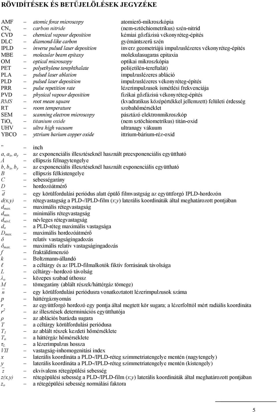 epitaxia OM optical microscopy optikai mikroszkópia PET polyethylene terephthalate poli(etilén-tereftalát) PLA pulsed laser ablation impulzuslézeres abláció PLD pulsed laser deposition