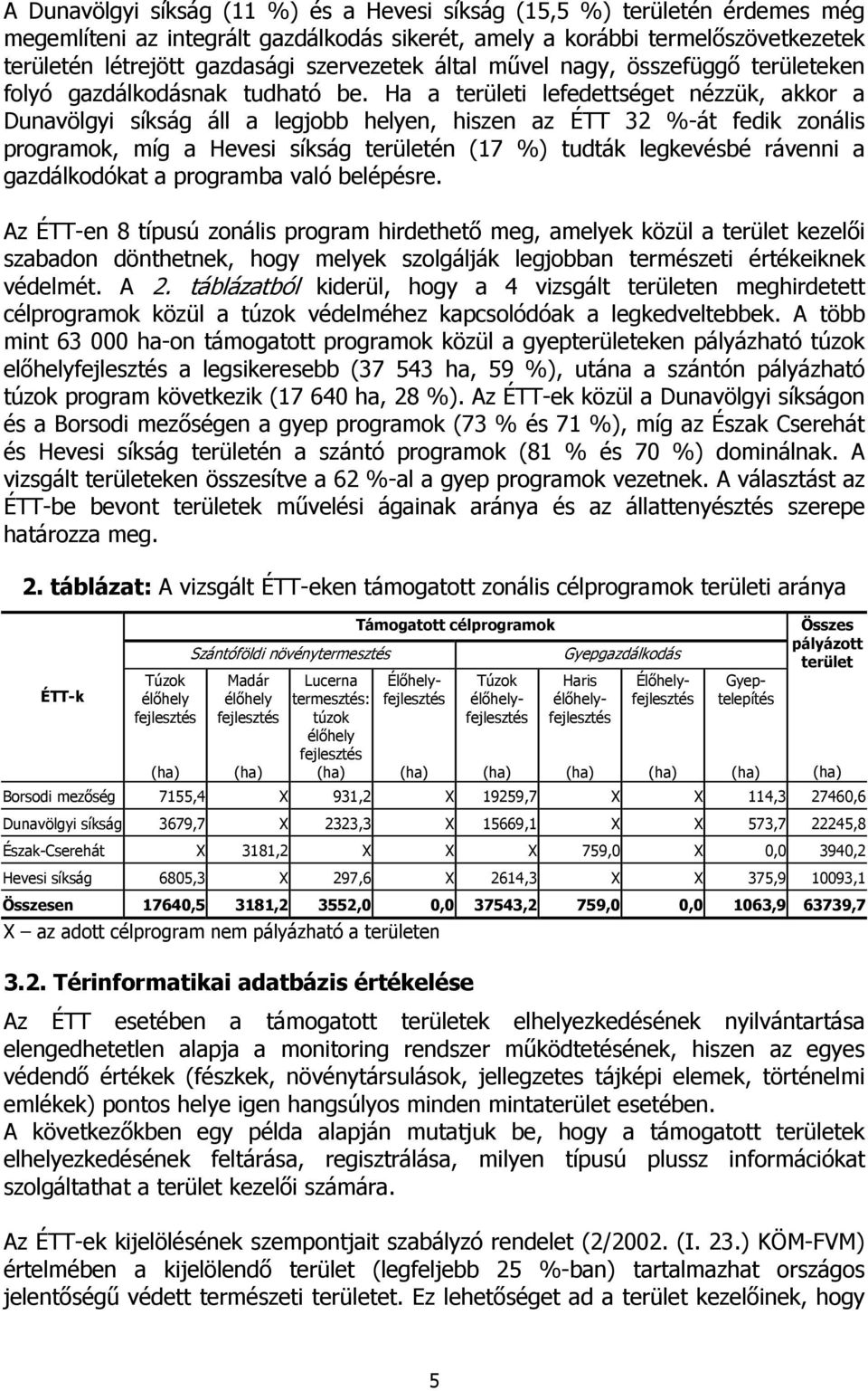 Ha a területi lefedettséget nézzük, akkor a Dunavölgyi síkság áll a legjobb helyen, hiszen az ÉTT 32 %-át fedik zonális programok, míg a Hevesi síkság területén (17 %) tudták legkevésbé rávenni a