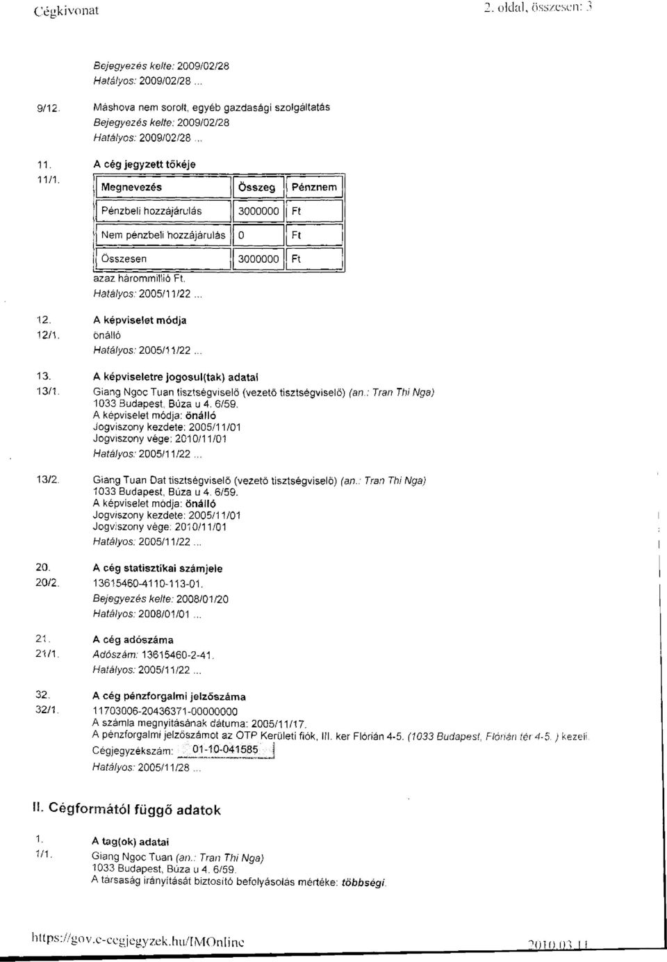 A képviseletre jogosul(tak) adatai 13/1. Giang Ngoc Tuan tisztségviselő (vezető tisztségviselő) (an.: Tran Thi Nga) 1033 Budapest, Búza u 4. 6/59.