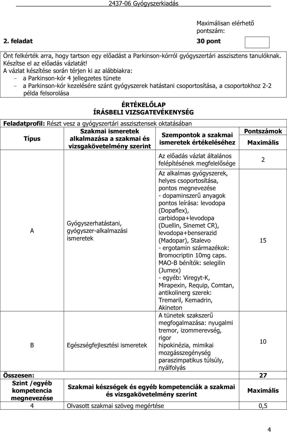 ÉRTÉKELŐLAP ÍRÁSBELI VIZSGATEVÉKENYSÉG Feladatprofil: Részt vesz a gyógyszertári asszisztensek oktatásában Szakmai ismeretek Szempontok a szakmai Típus alkalmazása a szakmai és ismeretek