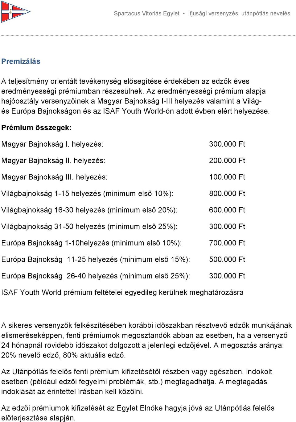 Prémium összegek: Magyar Bajnokság I. helyezés: Magyar Bajnokság II. helyezés: Magyar Bajnokság III.