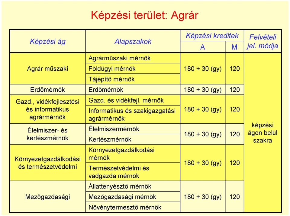 Erdőmérnök Kertészmérnök Alapszakok Agrárműszaki mérnök Földügyi mérnök Tájépítő mérnök Gazd. és vidékfejl.