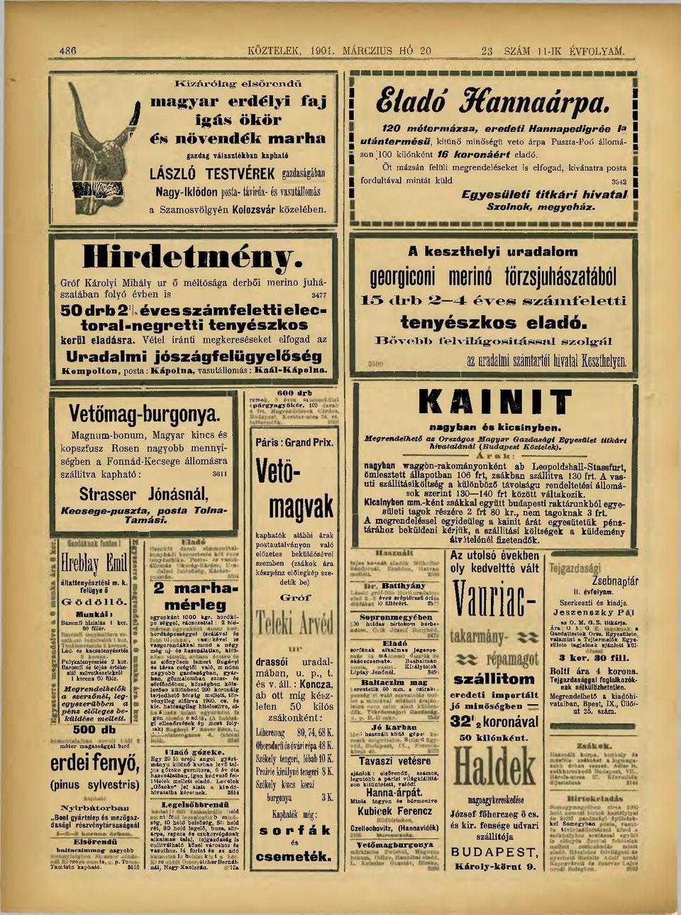Nagy-lklódon posta- távírda- és vasútállomás a Szamosvölgyén Kolozsvár közelében. I Hirdetmény.