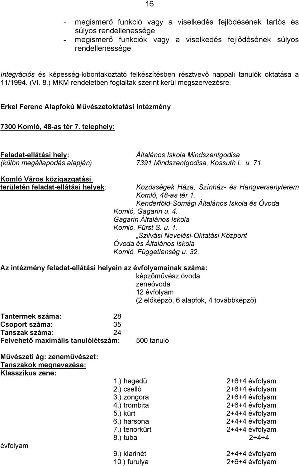 Erkel Ferenc Alapfokú Művészetoktatási Intézmény 7300 Komló, 48-as tér 7.