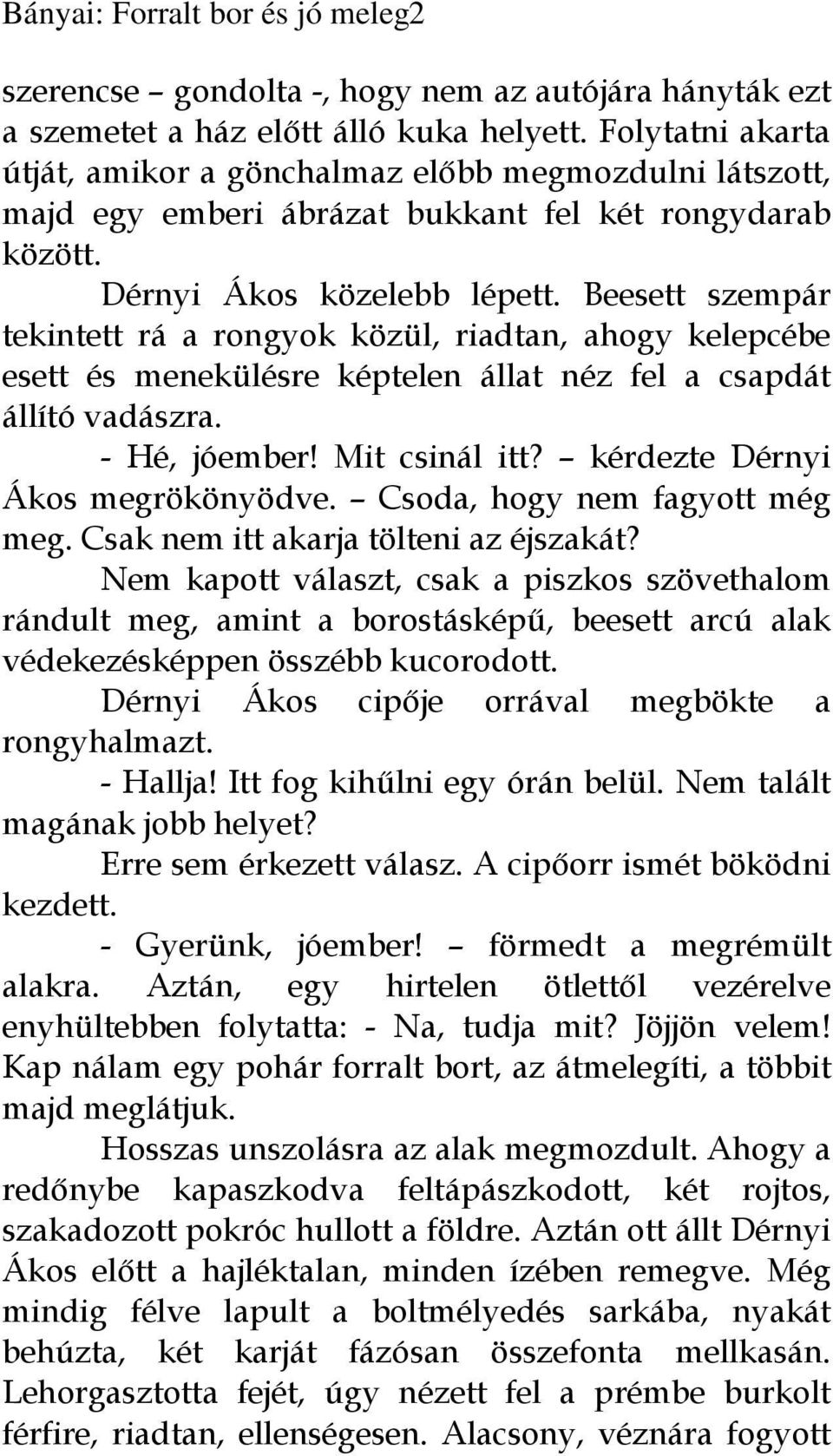 Beesett szempár tekintett rá a rongyok közül, riadtan, ahogy kelepcébe esett és menekülésre képtelen állat néz fel a csapdát állító vadászra. - Hé, jóember! Mit csinál itt?