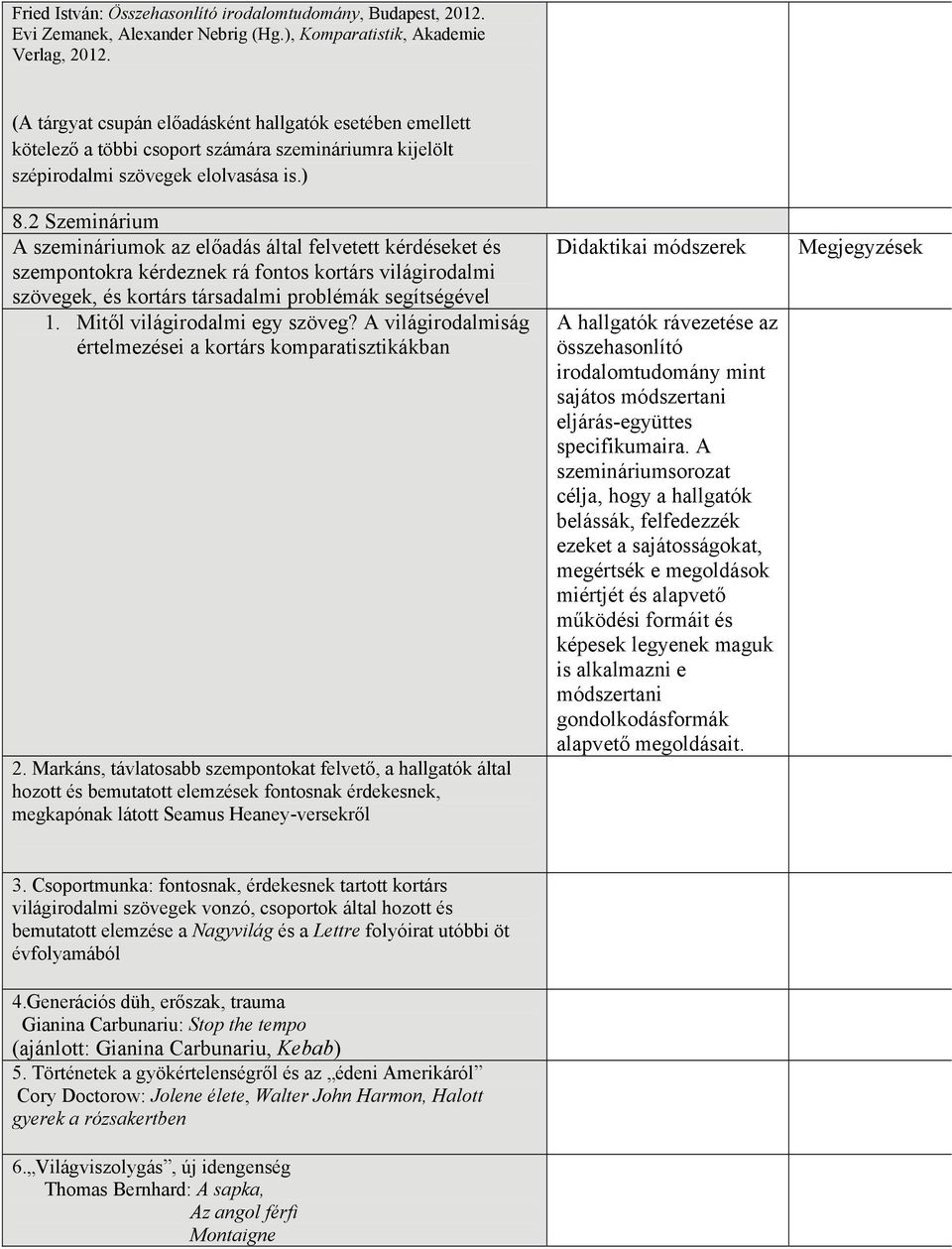 2 Szeminárium A szemináriumok az előadás által felvetett kérdéseket és szempontokra kérdeznek rá fontos kortárs világirodalmi szövegek, és kortárs társadalmi problémák segítségével 1.