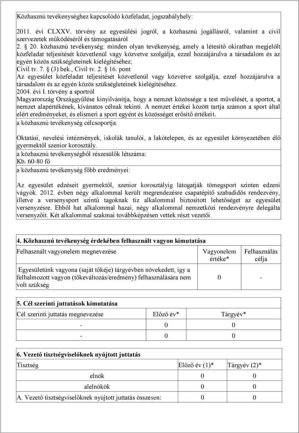 közhasznú tevékenység: minden olyan tevékenység, amely a létesítő okiratban megjelölt közfeladat teljesítését közvetlenül vagy közvetve szolgálja, ezzel hozzájárulva a társadalom és az egyén közös