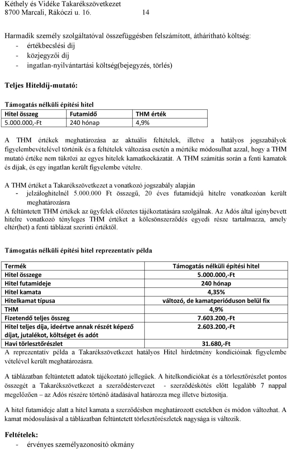 Támogatás nélküli építési hitel Hitel összeg Futamidő THM érték 5.000.