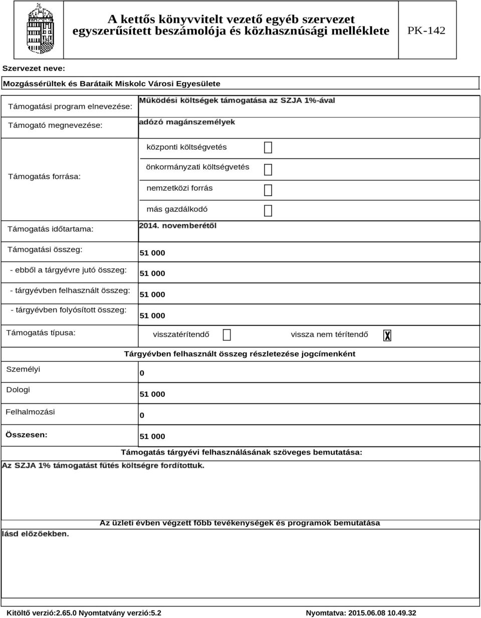 visszatérítendő vissza nem térítendő Tárgyévben felhasznált összeg részletezése jogcímenként Személyi Dologi Felhalmozási Összesen: 51 51 Támogatás tárgyévi