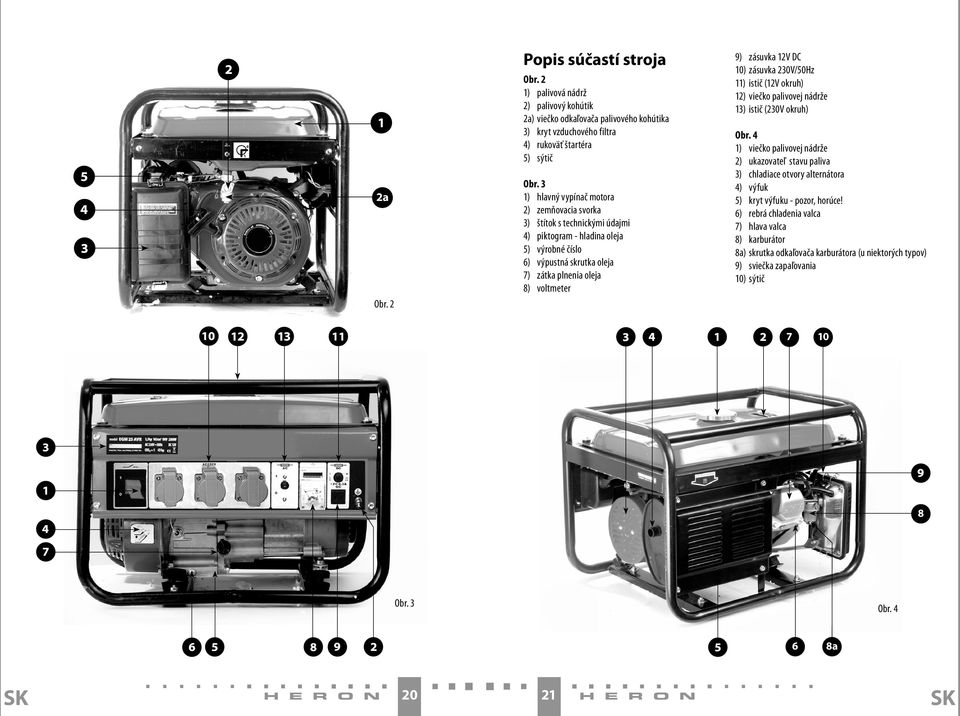 zásuvka 12V DC 10) zásuvka 230V/50Hz 11) istič (12V okruh) 12) viečko palivovej nádrže 13) istič (230V okruh) Obr.