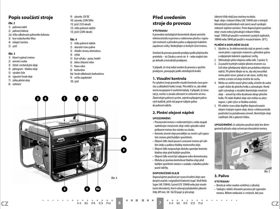 10) zásuvka 230V/50Hz 11) jistič (12V okruh) 12) víčko palivové nádrže 13) jistič (230V okruh) Obr.