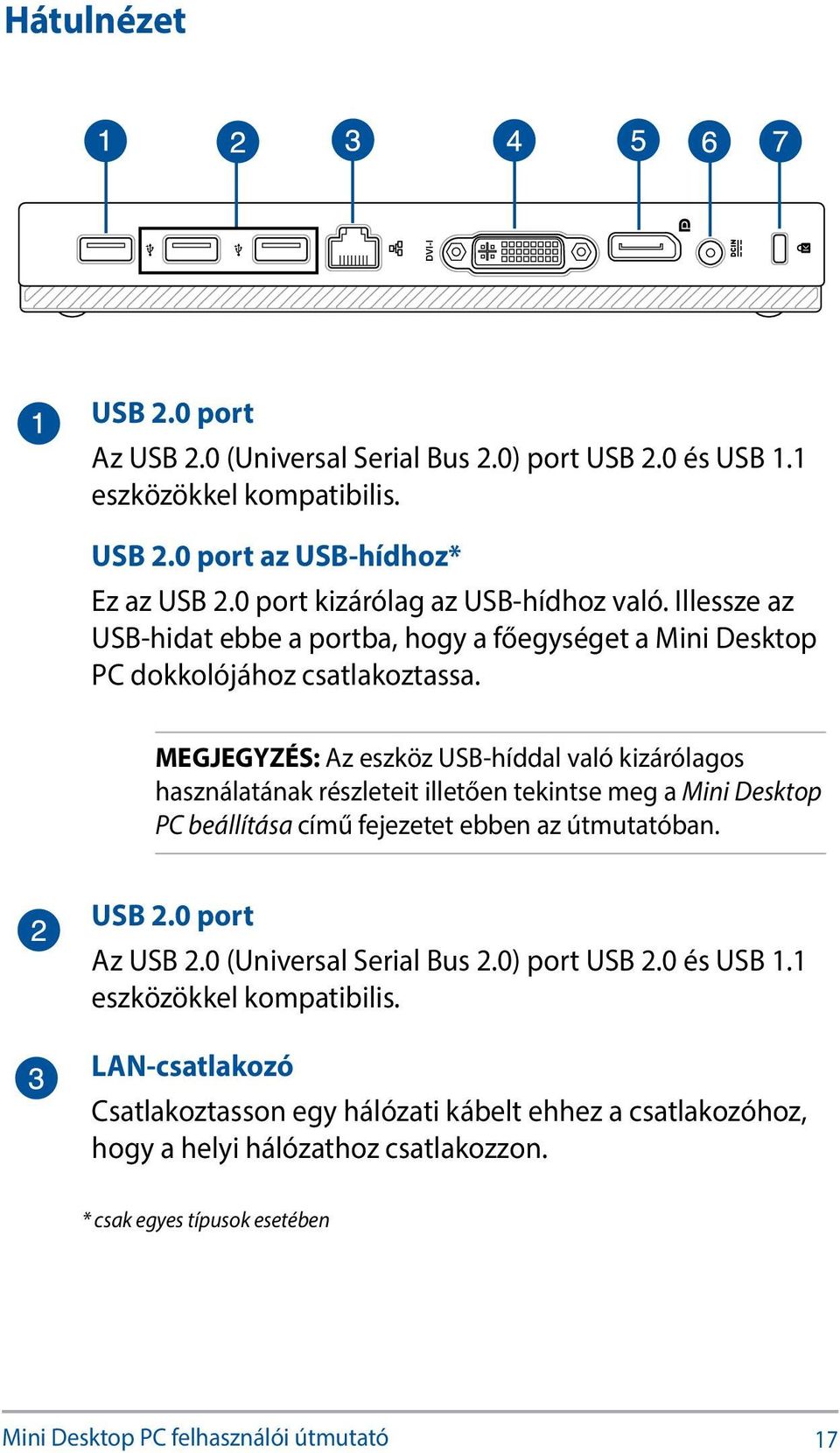 MEGJEGYZÉS: Az eszköz USB-híddal való kizárólagos használatának részleteit illetően tekintse meg a Mini Desktop PC beállítása című fejezetet ebben az útmutatóban. USB 2.0 port Az USB 2.