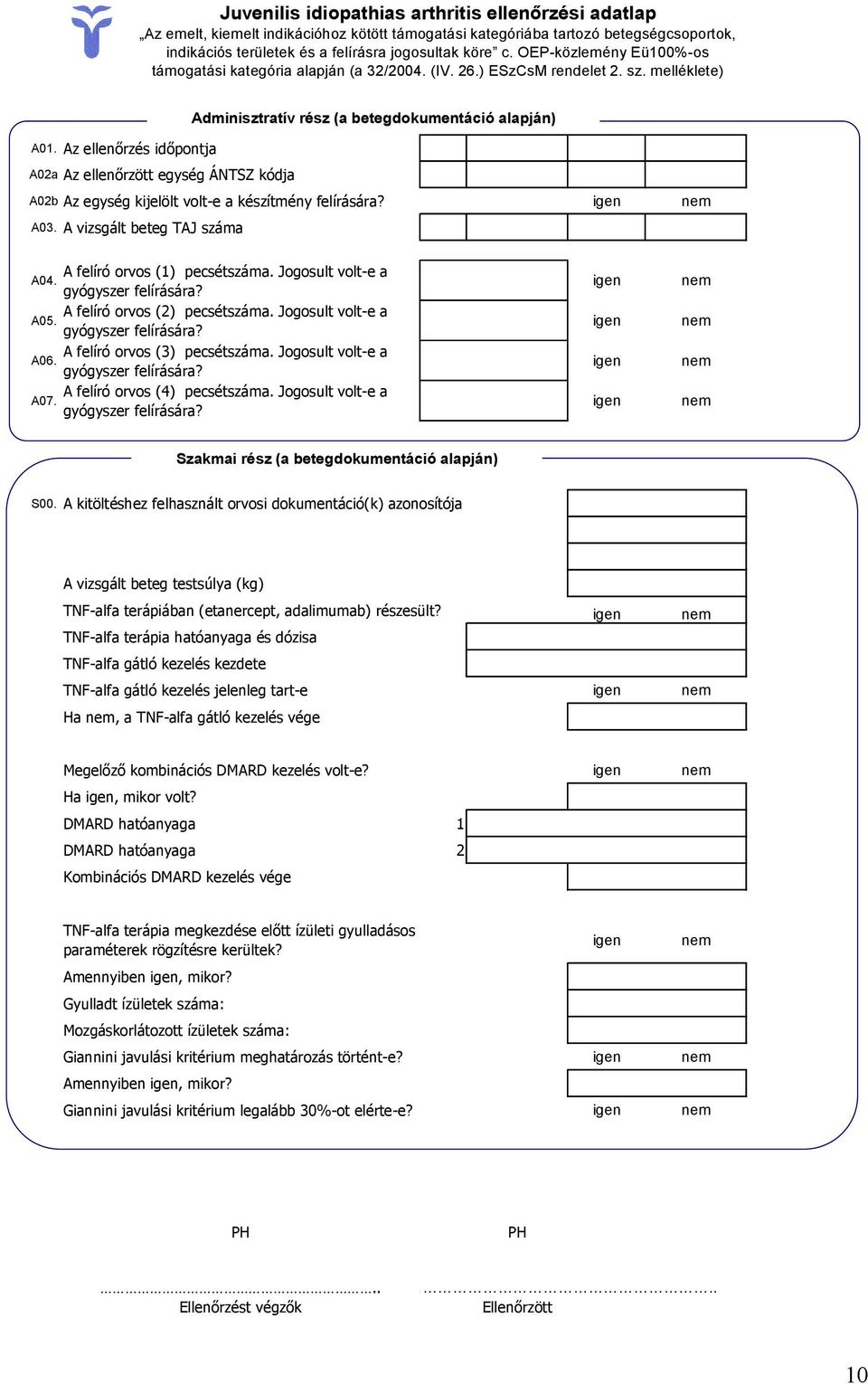 Az ellenőrzés időpontja A02a Az ellenőrzött egység ÁNTSZ kódja A02b Az egység kijelölt volt-e a készítmény felírására? A03. A vizsgált beteg TAJ száma A felíró orvos (1) pecsétszáma.