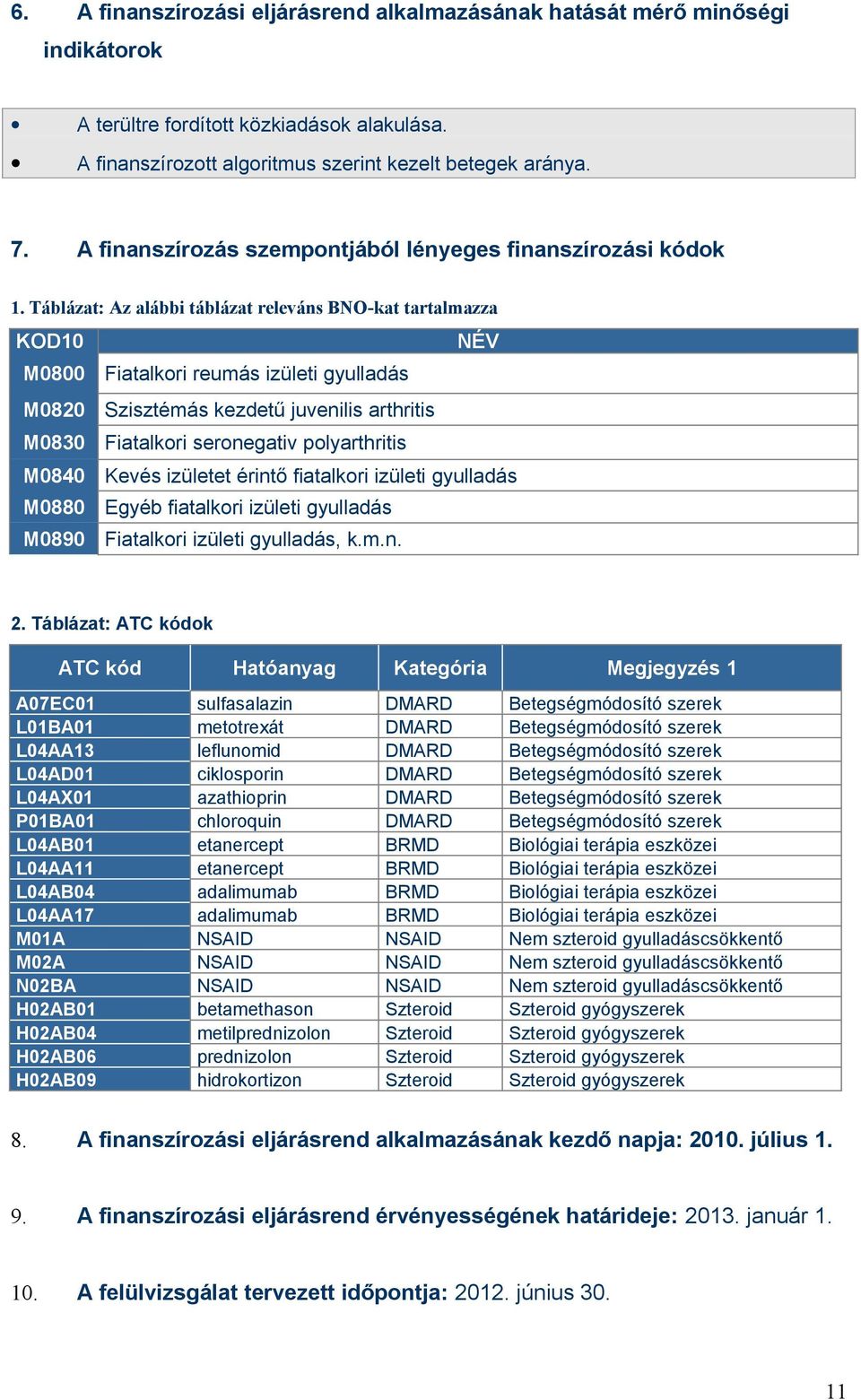 Táblázat: Az alábbi táblázat releváns BNO-kat tartalmazza KOD10 NÉV M0800 Fiatalkori reumás izületi gyulladás M0820 Szisztémás kezdetű juvenilis arthritis M0830 Fiatalkori seronegativ polyarthritis