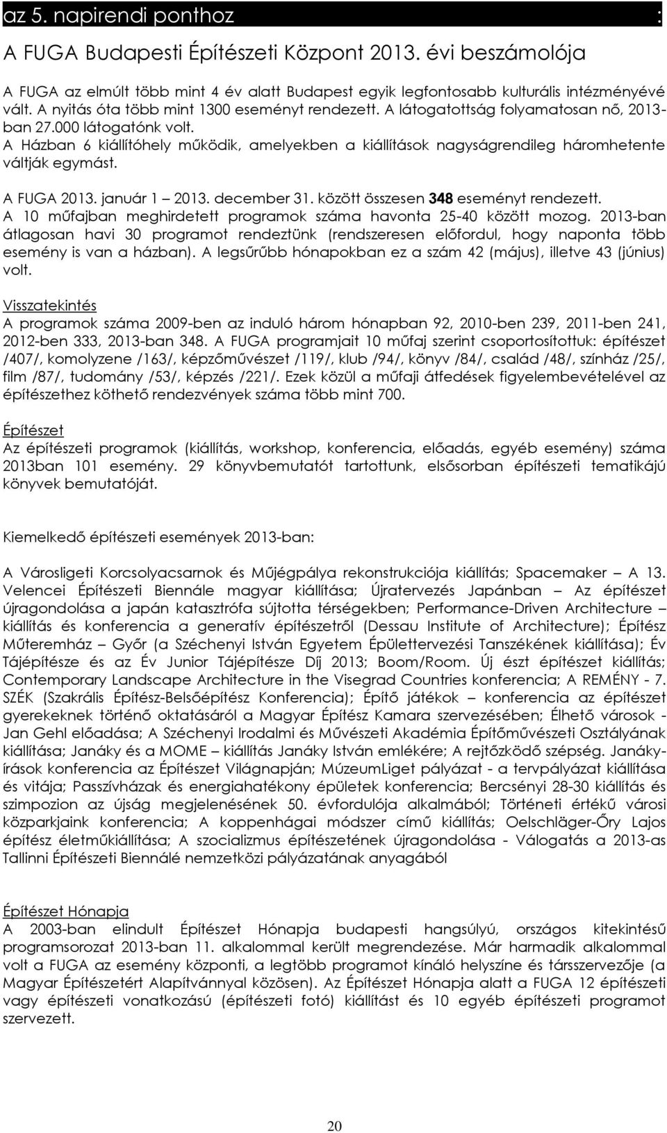 A Házban 6 kiállítóhely működik, amelyekben a kiállítások nagyságrendileg háromhetente váltják egymást. A FUGA 2013. január 1 2013. december 31. között összesen 348 eseményt rendezett.