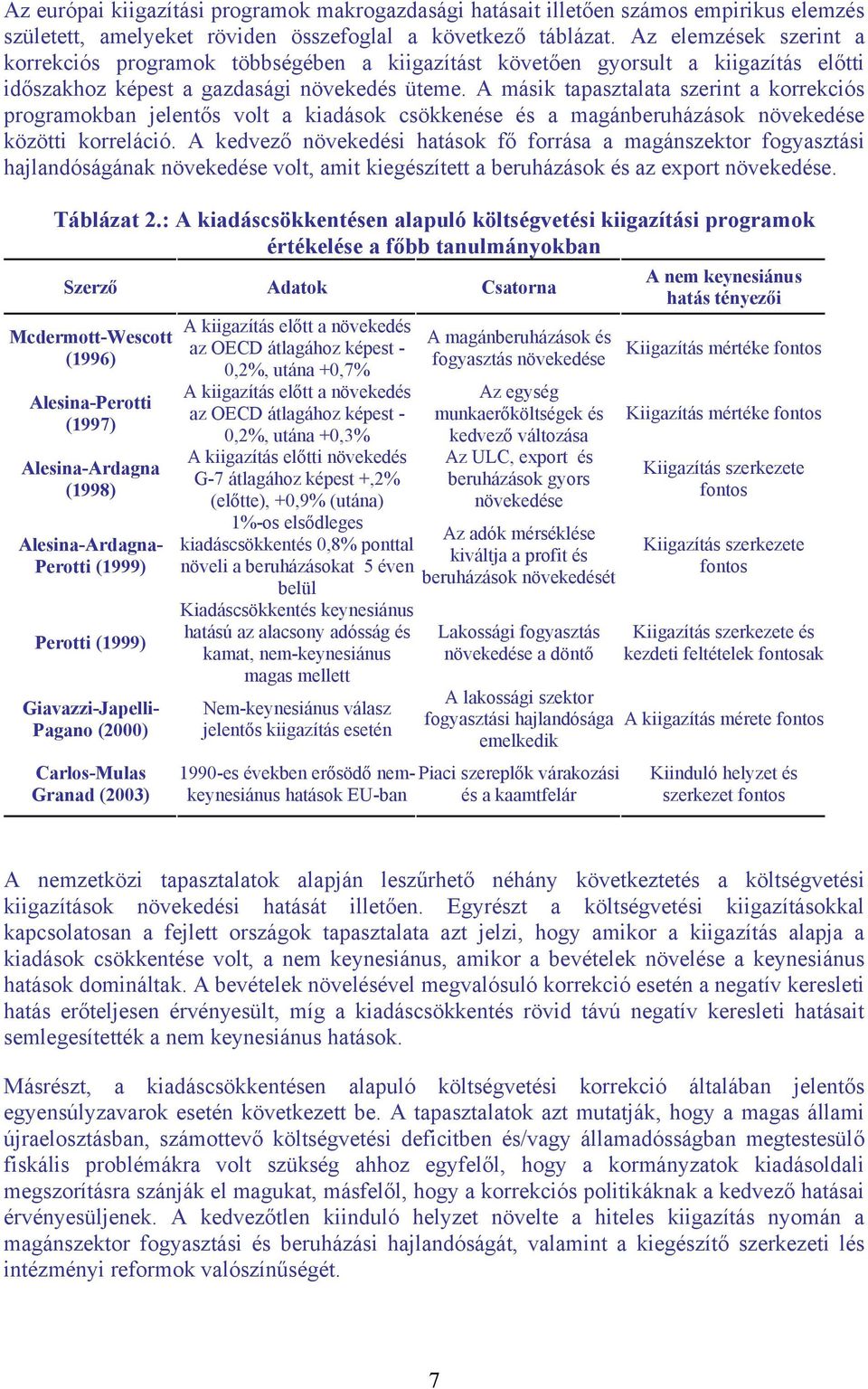 A másik tapasztalata szerint a korrekciós programokban jelentős volt a kiadások csökkenése és a magánberuházások növekedése közötti korreláció.