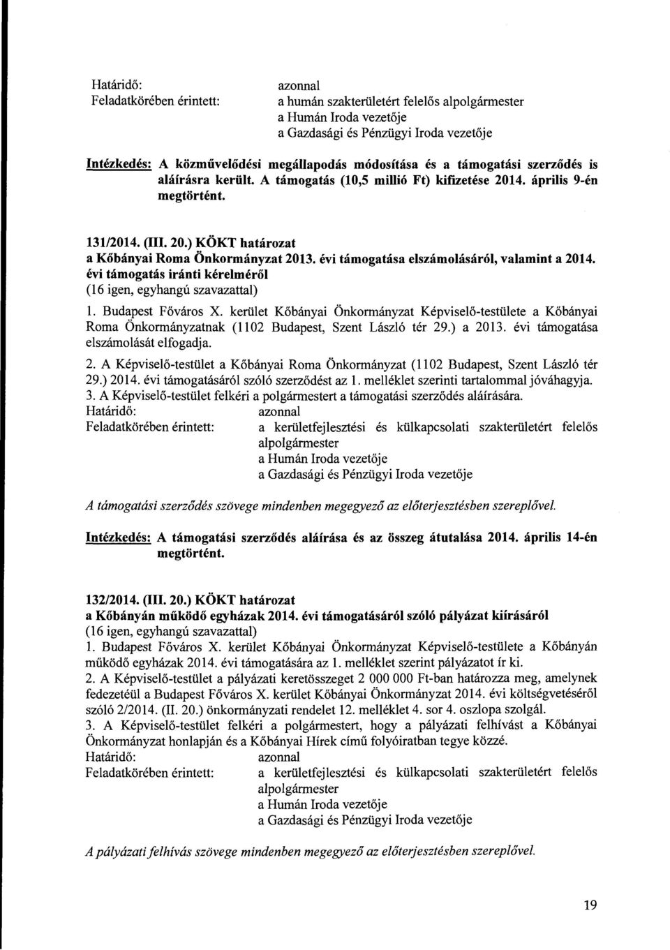 evi tamogatasa elszamolasarol, valamint a 2014. evi tamogatas iranti kerelmerol (16 igen, egyhangu szavazattal) 1. Budapest F6varos X.
