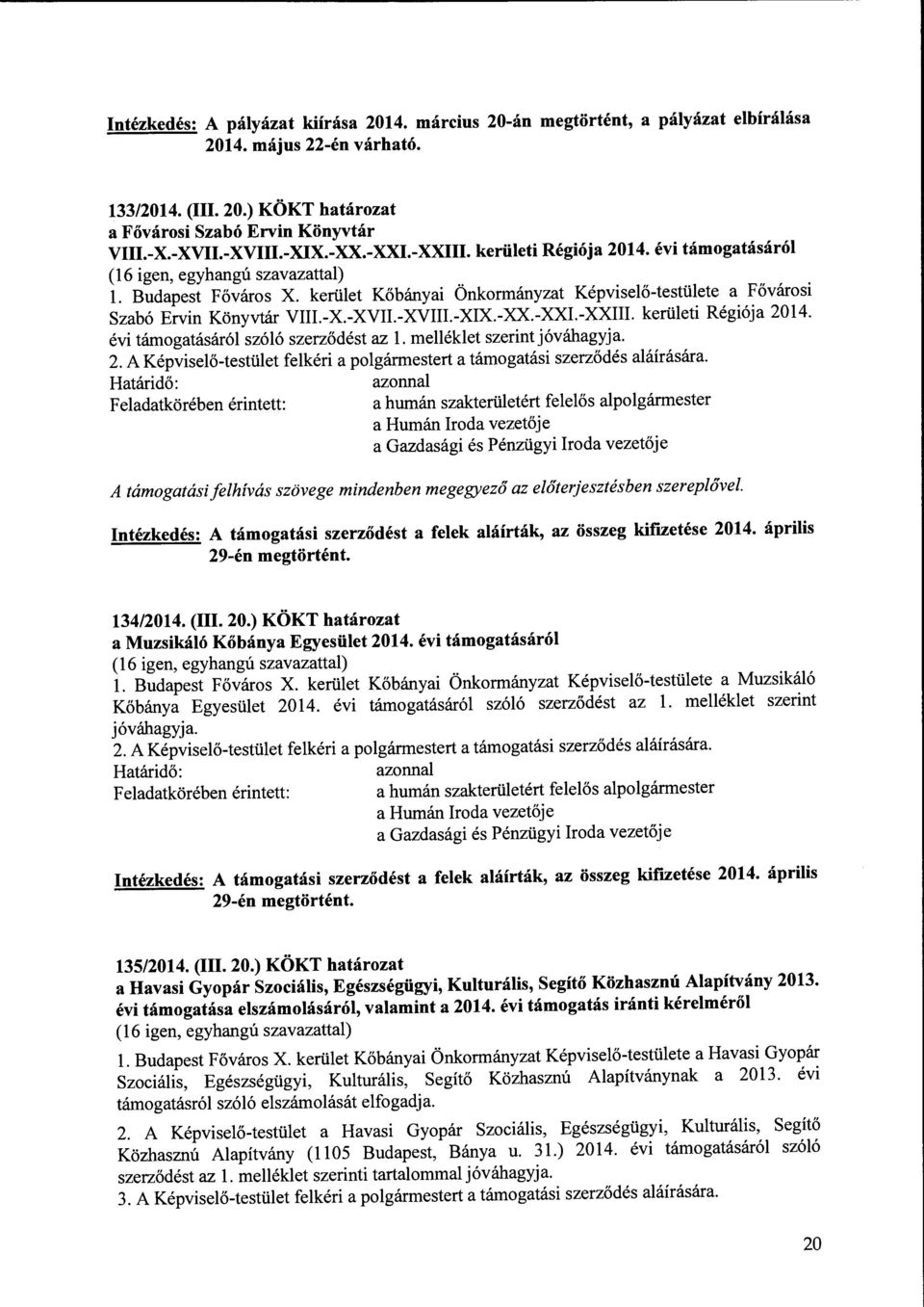 keliilet Kobanyai Onkormanyzat Kepviselo-testiilete a Fovarosi Szabo Ervin Konyvtar VIII.-X.-XVII.-XVIII.-XIX.-XX.-XXI.-XXIII. keliileti Regi6ja 2014. evi tamogatasar61 sz616 szerzodest az 1.