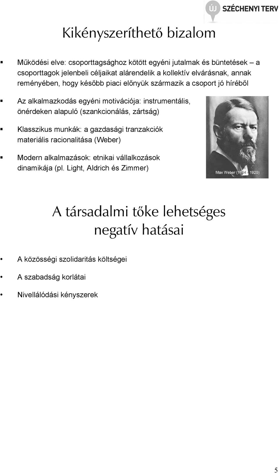 alapuló (szankcionálás, zártság) Klasszikus munkák: a gazdasági tranzakciók materiális racionalitása (Weber) Modern alkalmazások: etnikai vállalkozások