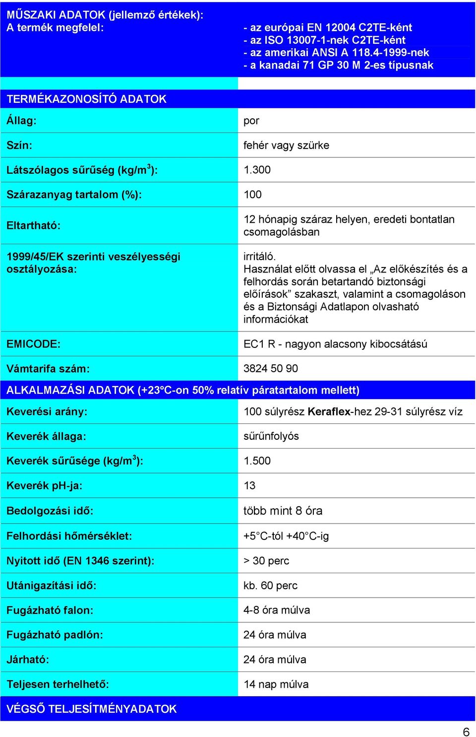 300 Szárazanyag tartalom (%): 100 Eltartható: 1999/45/EK szerinti veszélyességi osztályozása: EMICODE: 12 hónapig száraz helyen, eredeti bontatlan csomagolásban irritáló.