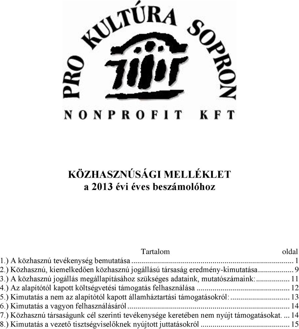 .. 11 4.) Az alapítótól kapott költségvetési támogatás felhasználása... 12 5.) Kimutatás a nem az alapítótól kapott államháztartási támogatásokról:... 13 6.