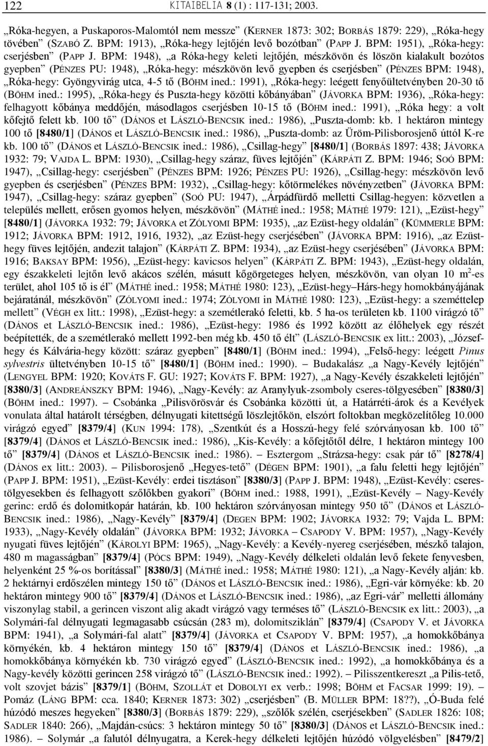 BPM: 1948), a Róka-hegy keleti lejtõjén, mészkövön és löszön kialakult bozótos gyepben (PÉNZES PU: 1948), Róka-hegy: mészkövön levõ gyepben és cserjésben (PÉNZES BPM: 1948), Róka-hegy: Gyöngyvirág