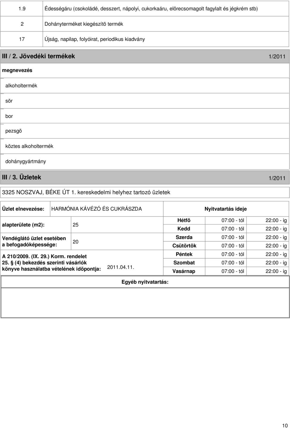 kereskedelmi helyhez tartozó üzletek Üzlet elnevezése: HARMÓNIA KÁVÉZÓ ÉS CUKRÁSZDA Nyitvatartás ideje alapterülete (m2): 25 Vendéglátó üzlet esetében a befogadóképessége: A 210/2009. (I. 29.) Korm.